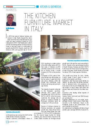 www.worldfurnitureonline.com
FOCUS
MARKETS
KITCHEN & BATHROOM
34 June 2016 • WF
n 2015 the value of kitchen furniture pro-
duction in Italy finally stopped the down-
ward trend that had characterized the pre-
vious four years, marking a growth of +3.3%
compared to 2014. First impressions collect-
ed from the leading kitchen furniture manufac-
turers in Italy give hope to a confirmation of
growth also for 2016. Exports, worth Eur 723
million in 2015, with a growth rate of +10.1%
on the previous year, account for 32.6% of the
whole kitchen furniture production.
Imports achieved consolidated values in
THE KITCHEN
FURNITURE MARKET
IN ITALY
I
2014, resulting in a trade surplus
of Eur 683 million during 2015. In
Italy sales of kitchens in 2015
recorded a value of Eur 1,537 mil-
lion at factory prices, a slight
increase (+0.4%) on the previous
year.
Compared to 2014, sales of low-
price kitchens are still growing, as
well as sales of upper-end price
and luxury kitchens, while the
middle and middle-low price
kitchens are losing some percent-
age shares.
The majority of exports is directed
to the European countries,
although their overall share
decreased from 76.5% in 2010 to
62.7% in 2015. In the five years
examined, the average rate of
growth of exports directed to
European countries grew on
average by +0.2% per annum.
Exports of kitchens directed to
America recorded a far greater
growth rate, mainly those direct-
ed to the United States, that, with
an increase of +71.6% in 2015, confirmed to
be the second target market for Italian
kitchens, very close to France. Exports to the
United States recorded an average annual
growth rate in the last five years amounting to
32.5%. Exports to the second largest country
in North America, Canada, recorded +26.2%
in 2015 over 2014 and +20.2% average annu-
al rate in five years. North America accounted
for almost 15% of total exports of kitchens.
The growth was driven by Lube, Veneta
Cucine, Arredo 3 (last 5 years, in terms of
weight in the market), and Stosa.
Scavolini is still "the most loved kitchen by
Italians", as well as the first kitchen manufac-
turer in absolute terms, but supremacy is
more clear in the top and middle-high end of
the market. In luxury range, Boffi ranks first
abroad, Dada and Varenna in the Italian mar-
ket.
Scavolini is the leading Italian exporter of
kitchen furniture.
Veneta Cucine (mid end) and Boffi (luxury)
are growing fast.
Regional differences do not matter much,
although Arredo 3 sells more in North Italy,
Varenna in the Northwest, Cesar in the
Northeast, Stosa in the Centre-South, Turi
and Colombini in the South.
An awakening of profitability will take at least
another year: average EBITDA of around 4%.
by Elio Siracusa
CSIL
Veneta Cucine. Lounge kitchen in oak and white fenix.
Booth Arclinea at Eurocucina 2016.
 