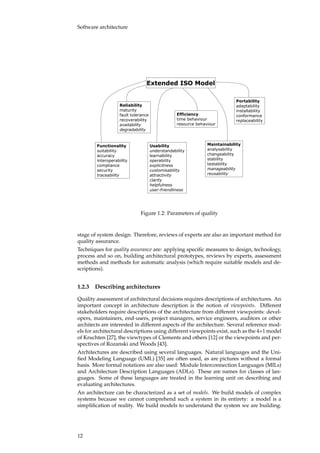 Software architecture
�������� ��� �����
�������������
�����������
��������
����������������
����������
��������
������������
�����������
��������
����� ���������
��������������
������������
�������������
���������
�����������������
������������
�����������
������������
���������������
������������
�������
�����������
�����������������
����������
���� ���������
������������������
�����������
������������
��������������
�����������
��������������
���������������
�������������
�������������
���������
�����������
�������������
�����������
Figure 1.2: Parameters of quality
stage of system design. Therefore, reviews of experts are also an important method for
quality assurance.
Techniques for quality assurance are: applying speciﬁc measures to design, technology,
process and so on, building architectural prototypes, reviews by experts, assessment
methods and methods for automatic analysis (which require suitable models and de-
scriptions).
1.2.3 Describing architectures
Quality assessment of architectural decisions requires descriptions of architectures. An
important concept in architecture description is the notion of viewpoints. Different
stakeholders require descriptions of the architecture from different viewpoints: devel-
opers, maintainers, end-users, project managers, service engineers, auditors or other
architects are interested in different aspects of the architecture. Several reference mod-
els for architectural descriptions using different viewpoints exist, such as the 4+1 model
of Kruchten [27], the viewtypes of Clements and others [12] or the viewpoints and per-
spectives of Rozanski and Woods [43].
Architectures are described using several languages. Natural languages and the Uni-
ﬁed Modeling Language (UML) [35] are often used, as are pictures without a formal
basis. More formal notations are also used: Module Interconnection Languages (MILs)
and Architecture Description Languages (ADLs). These are names for classes of lan-
guages. Some of these languages are treated in the learning unit on describing and
evaluating architectures.
An architecture can be characterized as a set of models. We build models of complex
systems because we cannot comprehend such a system in its entirety: a model is a
simpliﬁcation of reality. We build models to understand the system we are building.
12
 