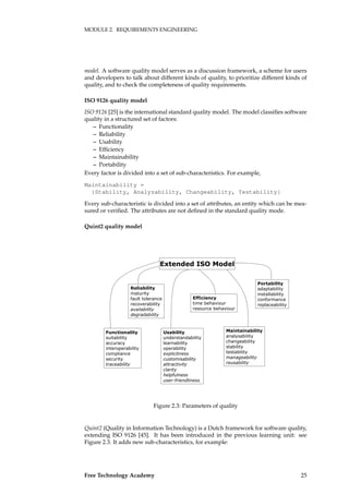 MODULE 2. REQUIREMENTS ENGINEERING
model. A software quality model serves as a discussion framework, a scheme for users
and developers to talk about different kinds of quality, to prioritize different kinds of
quality, and to check the completeness of quality requirements.
ISO 9126 quality model
ISO 9126 [25] is the international standard quality model. The model classiﬁes software
quality in a structured set of factors:
– Functionality
– Reliability
– Usability
– Efﬁciency
– Maintainability
– Portability
Every factor is divided into a set of sub-characteristics. For example,
Maintainability =
{Stability, Analyzability, Changeability, Testability}
Every sub-characteristic is divided into a set of attributes, an entity which can be mea-
sured or veriﬁed. The attributes are not deﬁned in the standard quality mode.
Quint2 quality model
�������� ��� �����
�������������
�����������
��������
����������������
����������
��������
������������
�����������
��������
����� ���������
��������������
������������
�������������
���������
�����������������
������������
�����������
������������
���������������
������������
�������
�����������
�����������������
����������
���� ���������
������������������
�����������
������������
��������������
�����������
��������������
���������������
�������������
�������������
���������
�����������
�������������
�����������
Figure 2.3: Parameters of quality
Quint2 (Quality in Information Technology) is a Dutch framework for software quality,
extending ISO 9126 [45]. It has been introduced in the previous learning unit: see
Figure 2.3. It adds new sub-characteristics, for example:
Free Technology Academy 25
 