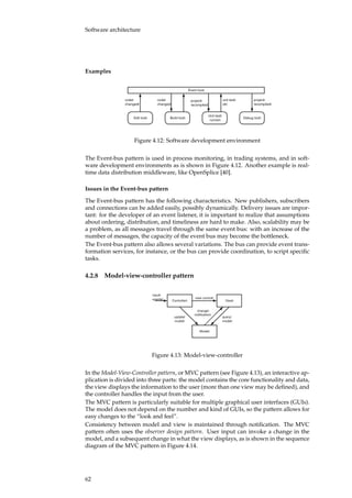 Software architecture
Examples
Edit tool Build tool
Unit test
runner
Debug tool
Event bus
code
changed
code
changed
project
recompiled
unit test
ok
project
recompiled
Figure 4.12: Software development environment
The Event-bus pattern is used in process monitoring, in trading systems, and in soft-
ware development environments as is shown in Figure 4.12. Another example is real-
time data distribution middleware, like OpenSplice [40].
Issues in the Event-bus pattern
The Event-bus pattern has the following characteristics. New publishers, subscribers
and connections can be added easily, possibly dynamically. Delivery issues are impor-
tant: for the developer of an event listener, it is important to realize that assumptions
about ordering, distribution, and timeliness are hard to make. Also, scalability may be
a problem, as all messages travel through the same event bus: with an increase of the
number of messages, the capacity of the event bus may become the bottleneck.
The Event-bus pattern also allows several variations. The bus can provide event trans-
formation services, for instance, or the bus can provide coordination, to script speciﬁc
tasks.
4.2.8 Model-view-controller pattern
Controller View
Model
input
events view control
update
model
change
notification
query
model
Figure 4.13: Model-view-controller
In the Model-View-Controller pattern, or MVC pattern (see Figure 4.13), an interactive ap-
plication is divided into three parts: the model contains the core functionality and data,
the view displays the information to the user (more than one view may be deﬁned), and
the controller handles the input from the user.
The MVC pattern is particularly suitable for multiple graphical user interfaces (GUIs).
The model does not depend on the number and kind of GUIs, so the pattern allows for
easy changes to the “look and feel”.
Consistency between model and view is maintained through notiﬁcation. The MVC
pattern often uses the observer design pattern. User input can invoke a change in the
model, and a subsequent change in what the view displays, as is shown in the sequence
diagram of the MVC pattern in Figure 4.14.
62
 