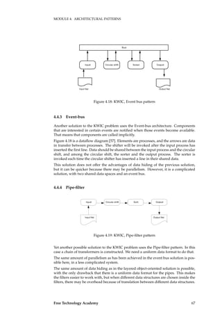 MODULE 4. ARCHITECTURAL PATTERNS
Input Circular shift Sorter Output
Input file Output file
Bus
Figure 4.18: KWIC, Event bus pattern
4.4.3 Event-bus
Another solution to the KWIC problem uses the Event-bus architecture. Components
that are interested in certain events are notiﬁed when those events become available.
That means that components are called implicitly.
Figure 4.18 is a dataﬂow diagram [57]. Elements are processes, and the arrows are data
in transfer between processes. The shifter will be invoked after the input process has
inserted the ﬁrst line. Data should be shared between the input process and the circular
shift, and among the circular shift, the sorter and the output process. The sorter is
invoked each time the circular shifter has inserted a line in their shared data.
This solution does not offer the advantages of data hiding of the previous solution,
but it can be quicker because there may be parallelism. However, it is a complicated
solution, with two shared data spaces and an event bus.
4.4.4 Pipe-ﬁlter
Input Circular shift Sort Output
Input file Output file
Figure 4.19: KWIC, Pipe-ﬁlter pattern
Yet another possible solution to the KWIC problem uses the Pipe-ﬁlter pattern. In this
case a chain of transformers is constructed. We need a uniform data format to do that.
The same amount of parallelism as has been achieved in the event bus solution is pos-
sible here, in a less complicated system.
The same amount of data hiding as in the layered object-oriented solution is possible,
with the only drawback that there is a uniform data format for the pipes. This makes
the ﬁlters easier to work with, but when different data structures are chosen inside the
ﬁlters, there may be overhead because of translation between different data structures.
Free Technology Academy 67
 