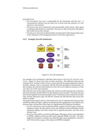 Software architecture
principal layers:
– The presentation logic layer is responsible for the interaction with the user. A
command-line interface may be used, but in most cases the interface is a rich
client or a web interface.
– The domain logic layer contains the main functionality of the system. Here, input
is validated and results are calculated. This layer is often structured with objects
that model real-world concepts.
– The data source logic layer implements the communication of the domain logic layer
with a database, with messaging systems or with other applications.
5.1.3 Example: Java EE architecture
Figure 5.1: Java EE architecture
An example of an architecture with these three layers is the Java EE multi-tier archi-
tecture. Figure 5.1 shows four tiers on three machines. The difference between the
concepts of tier and layer is that a layer is concerned with the logical separation of func-
tionality, whereas a tier is concerned with the physical separation of functionality. In
this example, the web tier and business tier may run on two different machines; in this
case, they run on the same machine.
The client tier runs on the client machine, the web tier and the business tier on the Java
EE server machine, and the EIS tier on the database server machine. The client tier and
the web tier together form the presentation layer. The business tier contains the domain
logic and the datasource logic; the EIS tier contains the data that the data source tier
makes available.
The presentation logic in the Java EE architecture may be implemented using servlets
and JSP (JavaServer Pages), applets, JavaScript and Java applications (rich clients); the
business logic and the data source logic are implemented by Enterprise JavaBeans.
– Servlets contain Java code to generate HTML, similar to CGI (Common Gateway
Interface) scripts. Servlets all run in the same JVM (Java Virtual Machine) which
eliminates startup costs (CGI scripts run as separate processes, and thus incur
startup costs).
– JavaServer Pages (JSP) are similar to PHP pages: JSP pages contain code embedded
in HTML. Neither servlets nor JSP clearly separate HTML and logic. The logic
might be restricted to variables, but often the logic needs repetition or choice as
well. This results in pages with scripts and HTML entangled.
72
 