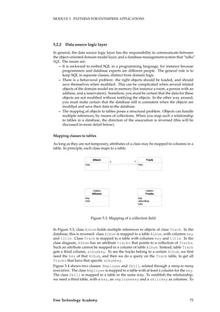 MODULE 5. PATTERNS FOR ENTERPRISE APPLICATIONS
5.2.2 Data source logic layer
In general, the data source logic layer has the responsibility to communicate between
the object-oriented domain model layer, and a database management system that “talks”
SQL. The issues are:
– It is awkward to embed SQL in a programming language, for instance because
programmers and database experts are different people. The general rule is to
keep SQL in separate classes, distinct from domain logic.
– There is a behavioral problem: the right objects should be loaded, and should
save themselves when modiﬁed. This can be complicated when several related
objects of the domain model are in memory (for instance a room, a person with an
address, and a reservation). Somehow, you must be certain that the data for these
objects are not modiﬁed without notifying the objects. In the other way around,
you must make certain that the database still is consistent when the objects are
modiﬁed and save their data to the database.
– The mapping of objects to tables poses a structural problem. Objects can handle
multiple references, by means of collections. When you map such a relationship
to tables in a database, the direction of the association is reversed (this will be
discussed in more detail below).
Mapping classes to tables
As long as they are not temporary, attributes of a class may be mapped to columns in a
table. In principle, each class maps to a table.
�����
�����
�����
�����
� �
�������
������
���
�����
�������
������
���
��������
�����
Figure 5.3: Mapping of a collection ﬁeld
In Figure 5.3, class Album holds multiple references to objects of class Track. In the
database, this is reversed: class Album is mapped to a table Album, with columns key
and title. Class Track is mapped to a table with columns key and title. In the
class diagram, Album has an attribute tracks that points to a collection of Tracks.
Such an attribute cannot be mapped to a column of table Album. Instead, table Track
gets a third column, albumkey. To see the tracks belong to a certain Album, we ﬁrst
need the key of that Album, and then we do a query on the Track table, to get all
Tracks that have that speciﬁc albumkey.
Figure 5.4 shows two classes: Employee and Skill, related through a many-to-many
association. The class Employee is mapped to a table with at least a column for the key.
The class Skill is mapped to a table in the same way. To establish the relationship,
we need a third table, with a key, an employeekey and a skillkey as columns. To
Free Technology Academy 75
 