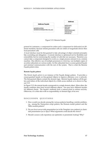 MODULE 5. PATTERNS FOR ENTERPRISE APPLICATIONS
��������������
��������������
�������������������������������
�������
�����������
���������
��������
�����������������
�������������
�����������
Figure 5.15: Remote Façade
ponent for customers, a component for orders and a component for deliveries) on dif-
ferent machines, because remote procedure calls are orders of magnitude slower then
local procedure calls.
A local interface must be ﬁne-grained to take advantage of object oriented principles
like overriding and delegation. A remote interface is optimized not for ﬂexibility and
extensibility but for minimizing the number of calls that are necessary. Therefore you
cannot take a component designed to work as a single process and put it on a remote
machine. One effective use of multiple processors is clustering: run multiple copies of
an entire subsystem on various nodes. Let the subsystem have a course-grained façade
and minimal communication with the rest of the system. That is what the Remote
Façade pattern does.
Remote façade pattern
The Remote façade pattern is an instance of the Façade design pattern. It provides a
course-grained façade on ﬁne-grained objects to improve efﬁciency over a network.
The ﬁne-grained objects contain the domain logic. Remote façade replaces all the get-
ters and setters of the individual objects by a bulk access method, as is shown in Fig-
ure 5.15.
In Figure 5.15, the remote façade corresponds to a single domain object. More often, the
façade combines data from several different objects. You may have different façades
for different clients. The façade’s methods form a natural point to enforce security.
Otherwise, it’s a thin skin with no responsibility or domain logic of its own.
D I S C U S S I O N Q U E S T I O N S
1. How would you decide among the various patterns handling a similar problem,
e.g. among the Transaction script pattern, the Domain model pattern and the
Table module pattern?
2. Do you favor server-side presentation (as in the Template view pattern) or client-
side presentation (as in Ajax)? What arguments could decide the choice?
3. Should a source code repository use optimistic or pessimistic locking? Why?
Free Technology Academy 87
 