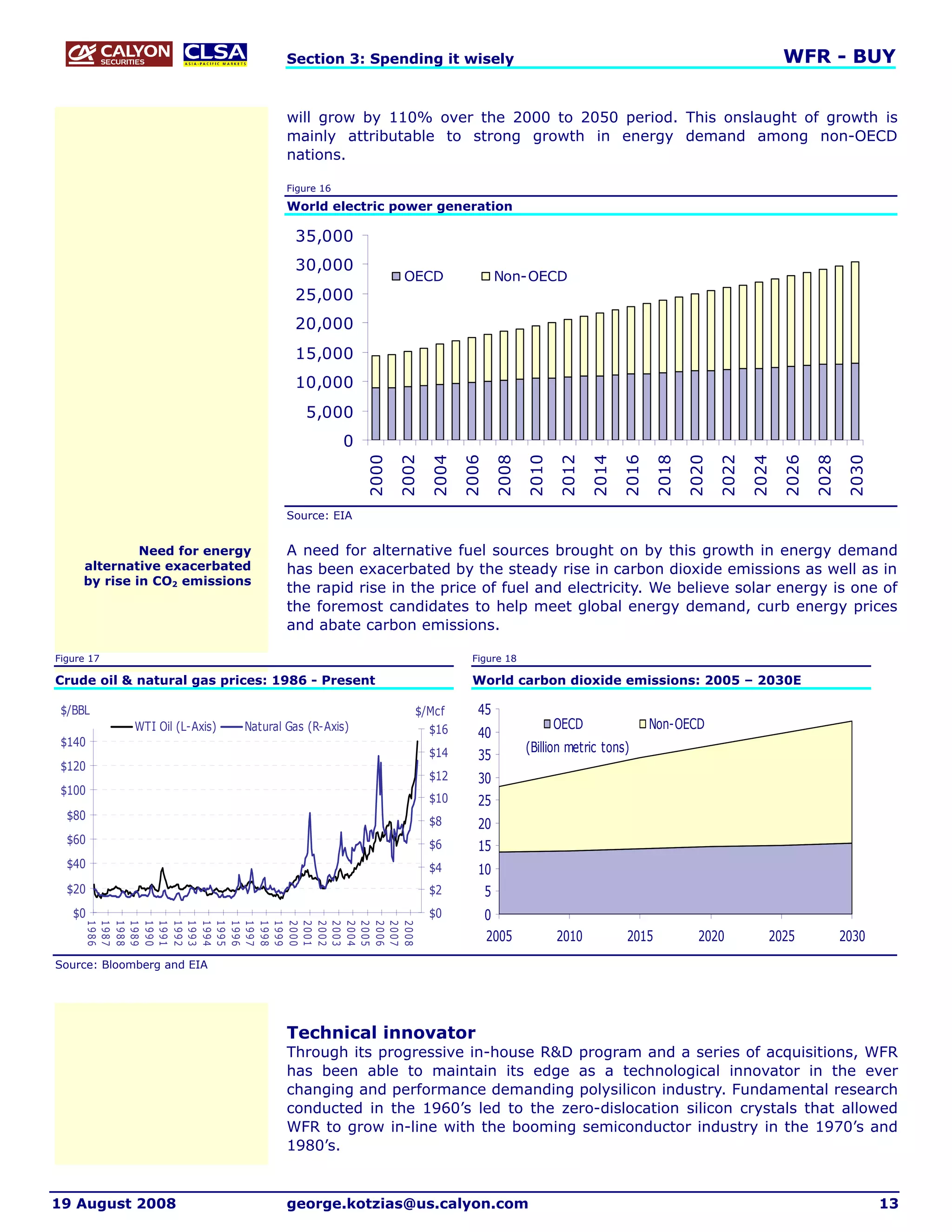 Section 3: Spending it wisely                                                                                   WFR - BUY


                                        will grow by 110% over the 2000 to 2050 period. This onslaught of growth is
                                        mainly attributable to strong growth in energy demand among non-OECD
                                        nations.

                                        Figure 16

                                        World electric power generation

                                         35,000
                                         30,000
                                                                OECD                    Non-OECD
                                         25,000
                                         20,000
                                         15,000
                                         10,000
                                           5,000
                                                    0
                                                        2000

                                                               2002

                                                                      2004

                                                                             2006

                                                                                        2008

                                                                                               2010

                                                                                                      2012

                                                                                                             2014

                                                                                                                    2016

                                                                                                                            2018

                                                                                                                                   2020

                                                                                                                                          2022

                                                                                                                                                 2024

                                                                                                                                                        2026

                                                                                                                                                               2028

                                                                                                                                                                       2030
                                        Source: EIA


              Need for energy           A need for alternative fuel sources brought on by this growth in energy demand
     alternative exacerbated            has been exacerbated by the steady rise in carbon dioxide emissions as well as in
     by rise in CO2 emissions
                                        the rapid rise in the price of fuel and electricity. We believe solar energy is one of
                                        the foremost candidates to help meet global energy demand, curb energy prices
                                        and abate carbon emissions.

Figure 17                                                                      Figure 18

Crude oil & natural gas prices: 1986 - Present                                 World carbon dioxide emissions: 2005 – 2030E

 $/BBL                                                            $/Mcf         45
             WTI Oil (L-Axis)   Natural Gas (R-Axis)                $16                               OECD                 Non-OECD
                                                                                40
 $140                                                                                          (Billion metric tons)
                                                                      $14       35
 $120
                                                                      $12       30
 $100
                                                                      $10       25
  $80                                                                 $8        20
  $60                                                                 $6        15
  $40                                                                 $4        10
  $20                                                                 $2            5
   $0                                                                 $0            0
      1986
      1987
      1988
      1989
      1990
      1991
      1992
      1993
      1994
      1995
      1996
      1997
      1998
      1999
      2000
      2001
      2002
      2003
      2004
      2005
      2006
      2007
      2008




                                                                                    2005              2010           2015            2020           2025              2030
Source: Bloomberg and EIA




                                        Technical innovator
                                        Through its progressive in-house R&D program and a series of acquisitions, WFR
                                        has been able to maintain its edge as a technological innovator in the ever
                                        changing and performance demanding polysilicon industry. Fundamental research
                                        conducted in the 1960’s led to the zero-dislocation silicon crystals that allowed
                                        WFR to grow in-line with the booming semiconductor industry in the 1970’s and
                                        1980’s.


19 August 2008                          george.kotzias@us.calyon.com                                                                                                          13
 