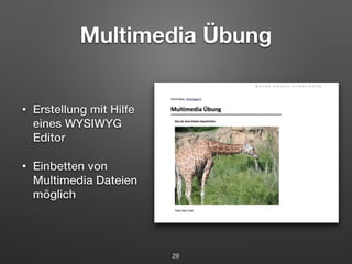 Multimedia Übung 
• Erstellung mit Hilfe 
eines WYSIWYG 
Editor 
• Einbetten von 
Multimedia Dateien 
möglich 
29 
 