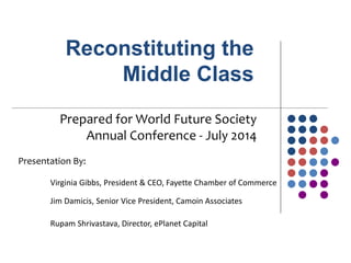 Reconstituting the
Middle Class
Prepared for World Future Society
Annual Conference - July 2014
Presentation By:
Virginia Gibbs, President & CEO, Fayette Chamber of Commerce
Jim Damicis, Senior Vice President, Camoin Associates
Rupam Shrivastava, Director, ePlanet Capital
 