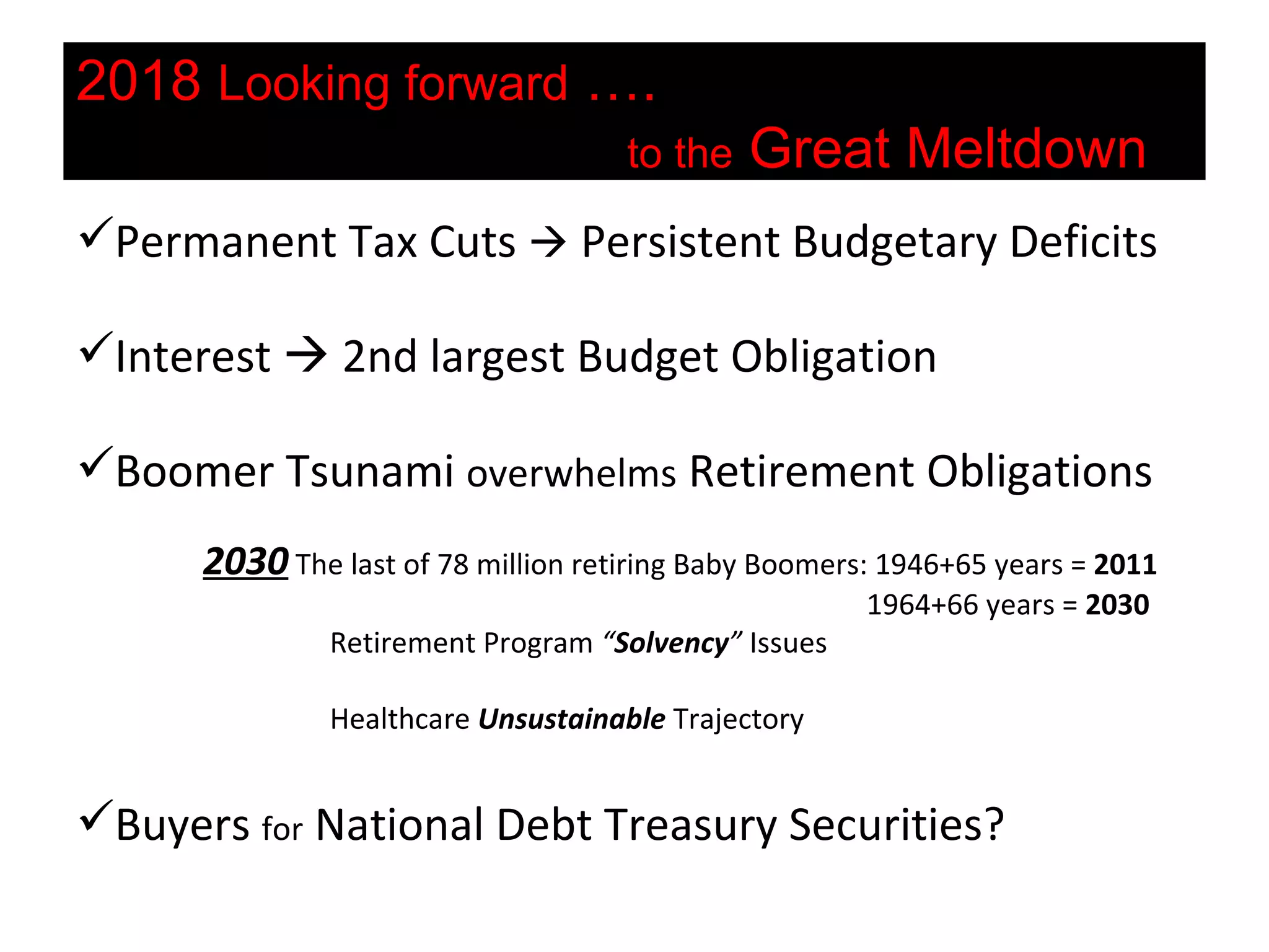 2018  Looking forward  ….   to the  Great Meltdown   Permanent Tax Cuts    Persistent Budgetary Deficits Interest    2nd largest Budget Obligation Boomer Tsunami  overwhelms  Retirement Obligations  2030  The last of 78 million retiring Baby Boomers: 1946+65 years =  2011     1964+66 years =  2030 Retirement Program  “ Solvency ”  Issues  Healthcare  Unsustainable   Trajectory Buyers  for  National Debt Treasury Securities? 