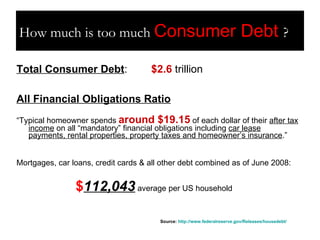 How much is too much  Consumer Debt  ? Total Consumer Debt :  $2.6  trillion All Financial Obligations Ratio   “ Typical homeowner spends  around $19.15  of each dollar of their  after tax income  on all “mandatory” financial obligations including  car lease payments, rental properties, property taxes and homeowner’s insurance .”  Mortgages, car loans, credit cards & all other debt combined as of June 2008: $ 112,043  average per US household    Source:  http://www.federalreserve.gov/Releases/housedebt/   