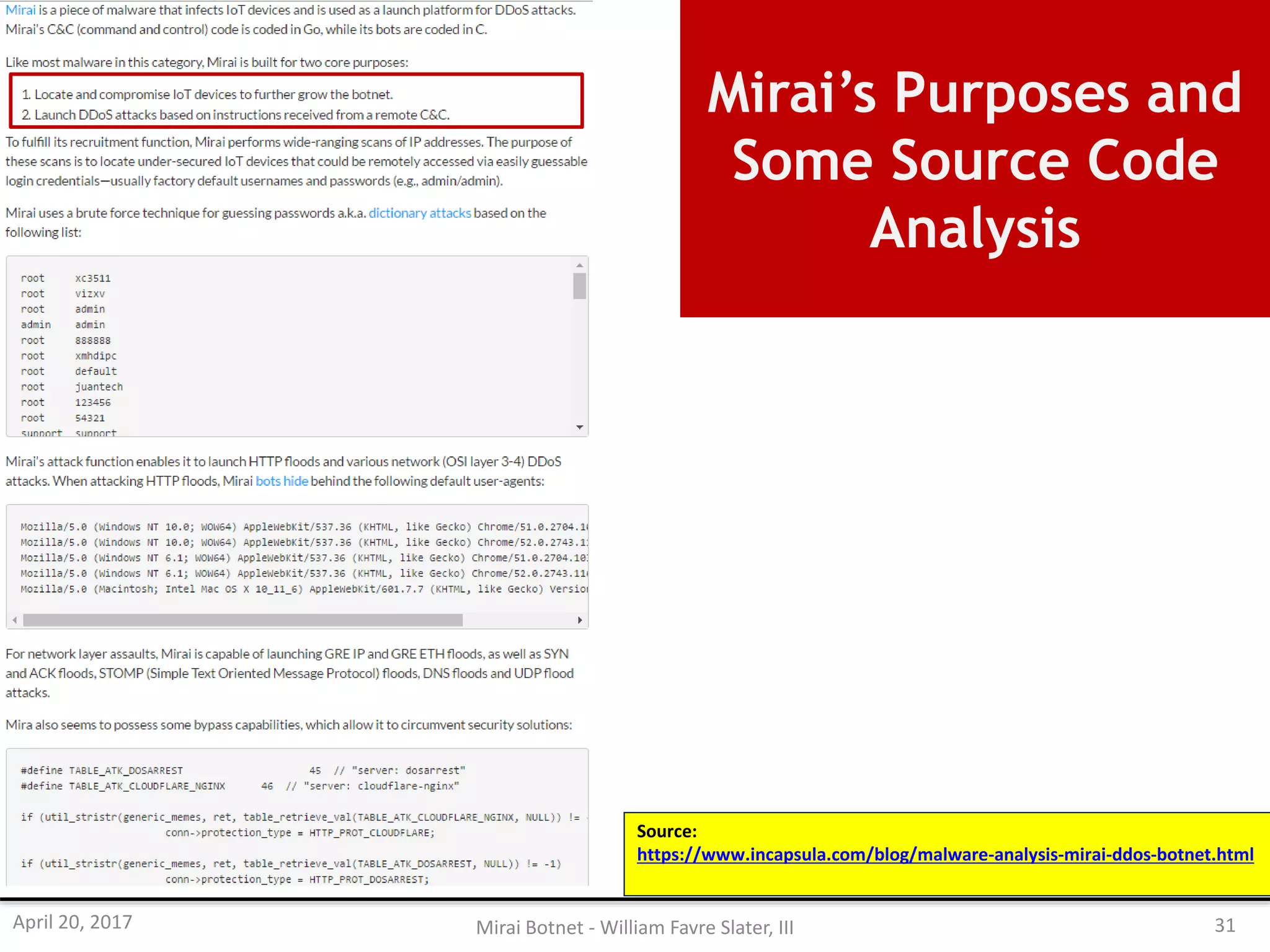 Mirai’s Purposes and
Some Source Code
Analysis
Source:
https://www.incapsula.com/blog/malware-analysis-mirai-ddos-botnet.html
April 20, 2017 Mirai Botnet - William Favre Slater, III 31
 