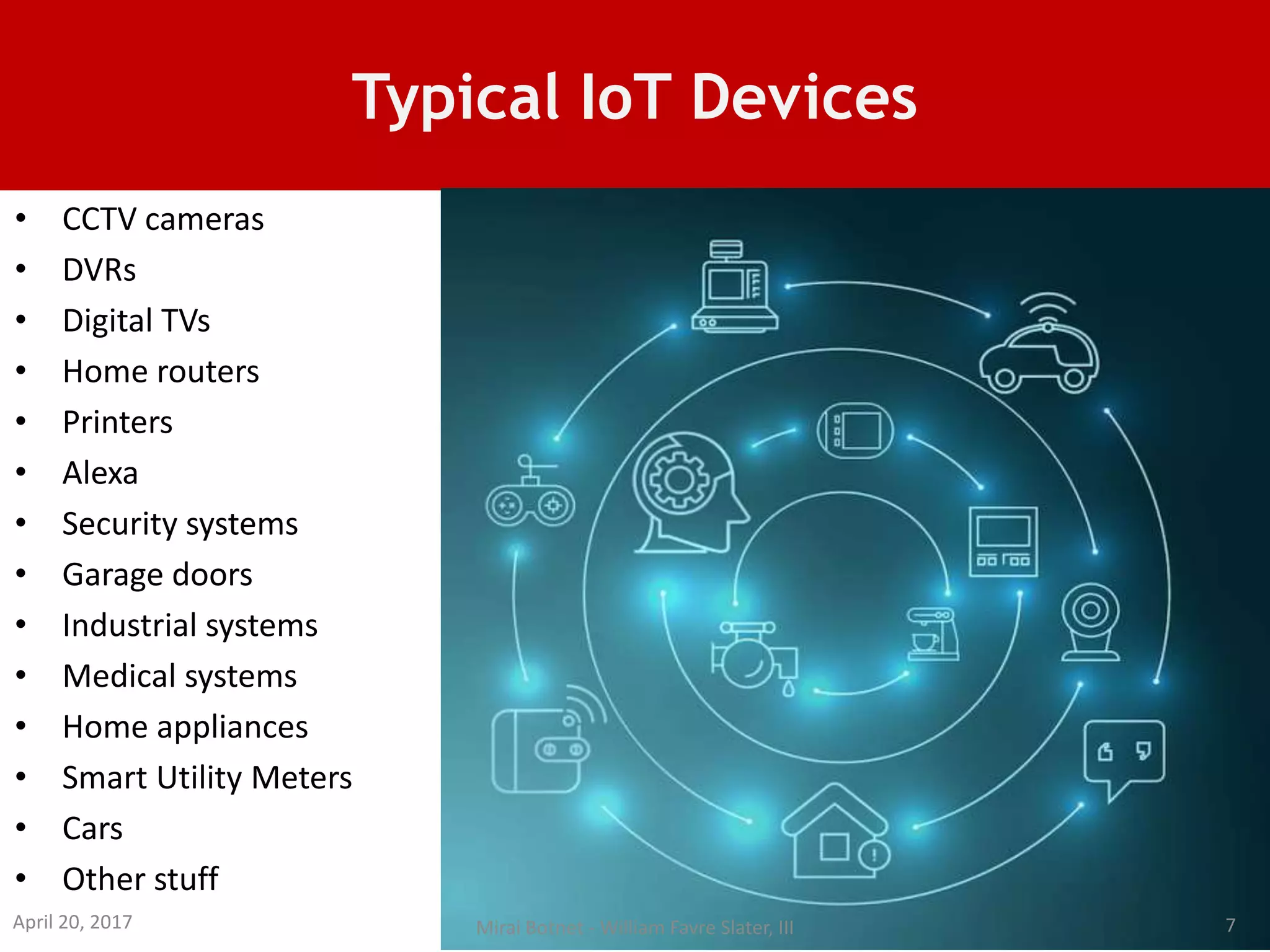 Typical IoT Devices
• CCTV cameras
• DVRs
• Digital TVs
• Home routers
• Printers
• Alexa
• Security systems
• Garage doors
• Industrial systems
• Medical systems
• Home appliances
• Smart Utility Meters
• Cars
• Other stuff
April 20, 2017 7Mirai Botnet - William Favre Slater, III
 