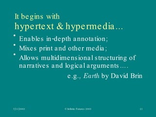 It begins with hypertext & hypermedia... <ul><li>Enables in-depth annotation; </li></ul><ul><li>Mixes print and other medi...