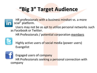 “ Big 3” Target Audience HR professionals with a business mindset vs. a more  “social” platform.  Users may not be as apt to utilize personal networks  such as Facebook or Twitter. HR Professionals / potential corporation  members Highly active users of social media (power  users) Evangelist  Engaged users of company HR Professionals seeking a personal connection with  company 