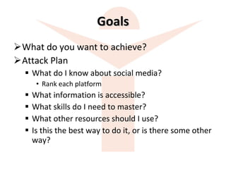 Goals What do you want to achieve? Attack Plan What do I know about social media? Rank each platform What information is accessible? What skills do I need to master? What other resources should I use? Is this the best way to do it, or is there some other way? 