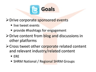 Goals Drive corporate sponsored events  live tweet events provide #hashtags for engagement Drive content from blog and discussions in other platforms Cross tweet other corporate related content and relevant industry/related content  ERE SHRM National / Regional SHRM Groups 