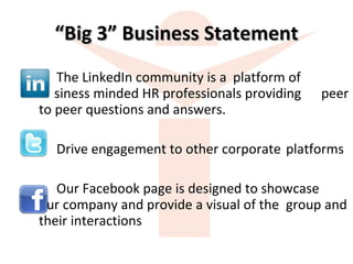 “ Big 3” Business Statement The LinkedIn community is a  platform of  business minded HR professionals providing  peer to peer questions and answers.  Drive engagement to other corporate platforms Our Facebook page is designed to showcase  our company and provide a visual of the  group and their interactions 
