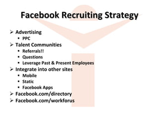 Facebook Recruiting Strategy Advertising PPC Talent Communities Referrals!! Questions Leverage Past & Present Employees Integrate into other sites Mobile Static  Facebook Apps Facebook.com/directory Facebook.com/workforus 