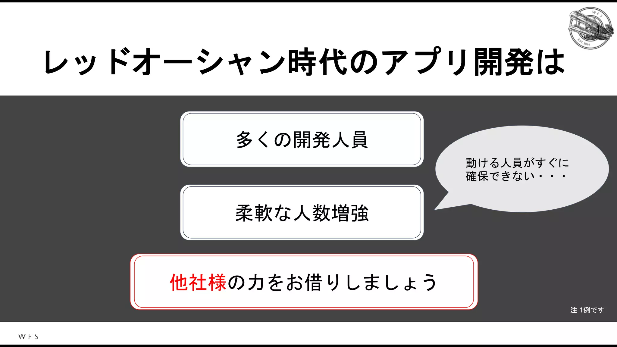 レッドオーシャン時代のアプリ開発は
多くの開発人員が必要多くの開発人員
多くの開発人員が必要柔軟な人数増強
他社様の力をお借りしましょう
注 1例です
動ける人員がすぐに
確保できない・・・
 