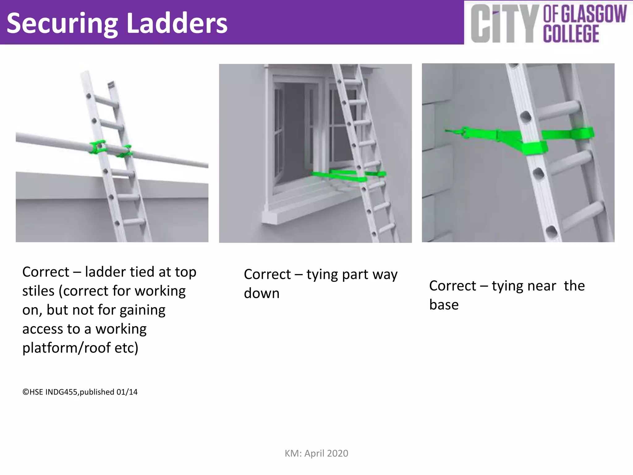 Securing Ladders
Correct – ladder tied at top
stiles (correct for working
on, but not for gaining
access to a working
platform/roof etc)
©HSE INDG455,published 01/14
Correct – tying part way
down Correct – tying near the
base
KM: April 2020
 