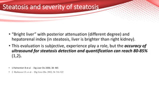 Steatosis and severity of steatosis
• “Bright liver” with posterior attenuation (different degree) and
hepatorenal index (in steatosis, liver is brighter than right kidney).
• This evaluation is subjective, experience play a role, but the accuracy of
ultrasound for steatosis detection and quantification can reach 80-85%
(1,2).
• 1.Palmentieri B et al - Dig Liver Dis 2006; 38: 485
• 2. Mathiesen UL et al: - Dig Liver Dis. 2002; 34: 516-522
 