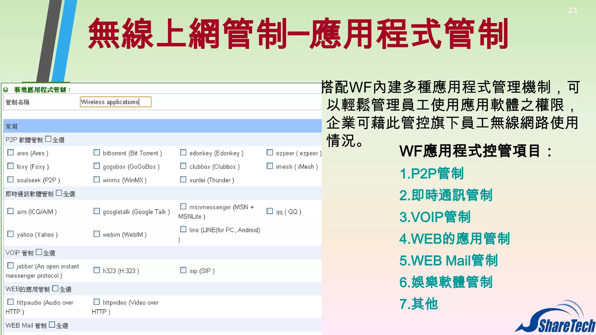 無線上網管制─應用程式管制

21

搭配WF內建多種應用程式管理機制，可
以輕鬆管理員工使用應用軟體之權限，
企業可藉此管控旗下員工無線網路使用
情況。
WF應用程式控管項目：
1.P2P管制
2.即時通訊管制
3.VOIP管制
4.WEB的應用管制
5.WEB Mail管制
6.娛樂軟體管制
7.其他

 