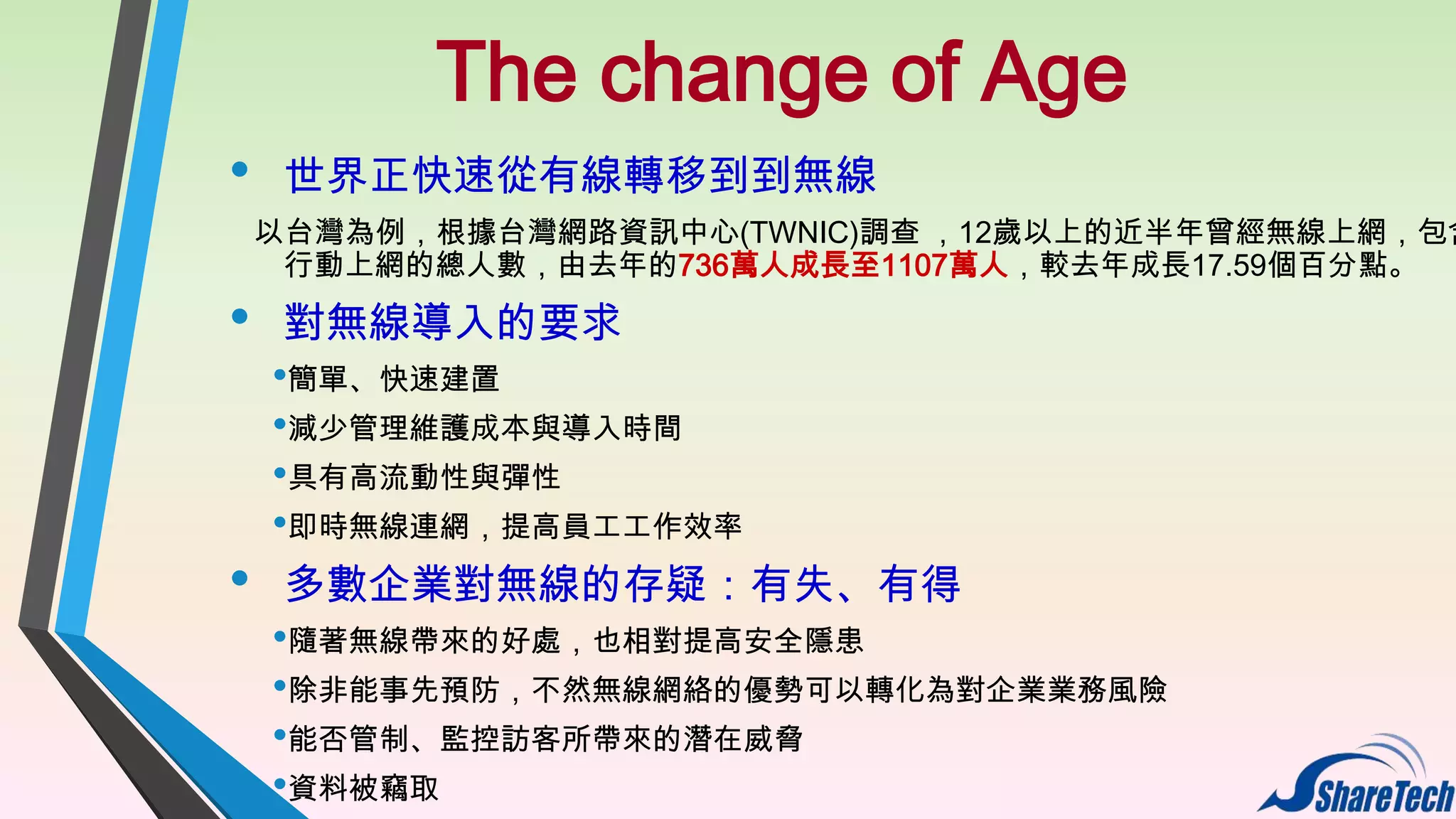 The change of Age
•

世界正快速從有線轉移到到無線

以台灣為例，根據台灣網路資訊中心(TWNIC)調查 ，12歲以上的近半年曾經無線上網，包含
行動上網的總人數，由去年的736萬人成長至1107萬人，較去年成長17.59個百分點。

•

•

對無線導入的要求
•簡單、快速建置
•減少管理維護成本與導入時間
•具有高流動性與彈性
•即時無線連網，提高員工工作效率
多數企業對無線的存疑：有失、有得
•隨著無線帶來的好處，也相對提高安全隱患
•除非能事先預防，不然無線網絡的優勢可以轉化為對企業業務風險
•能否管制、監控訪客所帶來的潛在威脅
•資料被竊取

 