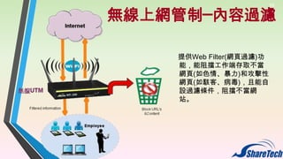 19

無線上網管制─內容過濾
提供Web Filter(網頁過濾)功
能，能阻擋工作端存取不當
網頁(如色情、暴力)和攻擊性
網頁(如駭客、病毒)，且能自
設過濾條件，阻擋不當網
站。

 