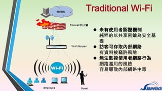 Traditional Wi-Fi
 未有使用者認證機制
純粹的以共享密鑰為安全基
礎
 訪客可存取內部網路
有資料被竊許風險
 無法監控使用者網路行為
網路濫用的風險
容易導致內部網路中毒

 