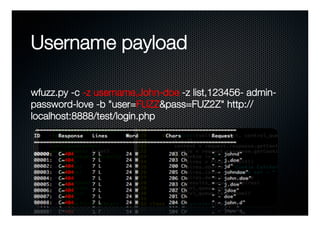 Password cracking
"    Vertical scanning (different password for each user)
"    Horizontal scanning (different usernames ...