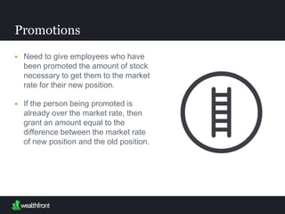  Need to give employees who have
been promoted the amount of stock
necessary to get them to the market
rate for their new position.
 If the person being promoted is
already over the market rate, then
grant an amount equal to the
difference between the market rate
of new position and the old position.
Promotions
 