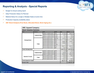 Reporting & Analysis - Special Reports                                                       Apparel. Footwear. Accessories



       Budget Vs Actual costing report

       Daily Production Status Vs Planned

       Material Status for a single or Multiple Styles at same time

       Production Capacity availability status

       360o Stock Analysis (Free Stock, Allocated Stock, Stock Aging etc.)




Private and Confidential                                                      © Copyright World Fashion Exchange Inc,
 