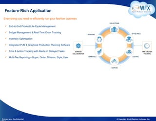 Feature-Rich Application                                                         Apparel. Footwear. Accessories




 Everything you need to efficiently run your fashion business

    End-to-End Product Life-Cycle Management

    Budget Management & Real Time Order Tracking

    Inventory Optimization

    Integrated PLM & Graphical Production Planning Software

    Time & Action Tracking with Alerts on Delayed Tasks

    Multi-Tier Reporting – Buyer, Order, Division, Style, User




Private and Confidential                                          © Copyright World Fashion Exchange Inc,
 