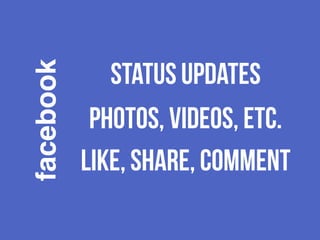 facebook 
status updates 
photos, videos, etc. 
like, share, comment 
 