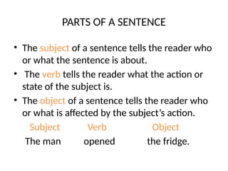 PARTS OF A SENTENCE
• The subject of a sentence tells the reader who
or what the sentence is about.
• The verb tells the reader what the action or
state of the subject is.
• The object of a sentence tells the reader who
or what is affected by the subject’s action.
Subject Verb Object
The man opened the fridge.
 