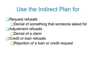 Use the Indirect Plan for
❑Request refusals
❑Denial of something that someone asked for
❑Adjustment refusals
❑Denial of a claim
❑Credit or loan refusals
❑Rejection of a loan or credit request
 