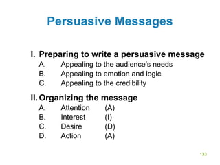 133
Persuasive Messages
I. Preparing to write a persuasive message
A. Appealing to the audience’s needs
B. Appealing to emotion and logic
C. Appealing to the credibility
II.Organizing the message
A. Attention (A)
B. Interest (I)
C. Desire (D)
D. Action (A)
 