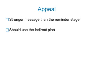 Appeal
❑Stronger message than the reminder stage
❑Should use the indirect plan
 