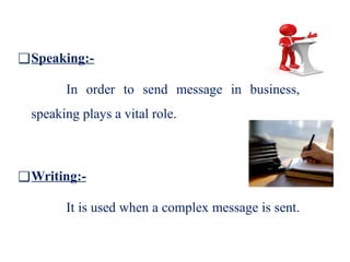 ❑Speaking:-
In order to send message in business,
speaking plays a vital role.
❑Writing:-
It is used when a complex message is sent.
 