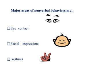 Major areas of nonverbal behaviors are:
❑Eye contact
❑Facial expressions
❑Gestures
 
