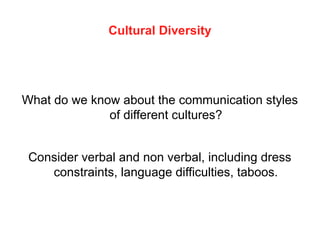 Cultural Diversity
What do we know about the communication styles
of different cultures?
Consider verbal and non verbal, including dress
constraints, language difficulties, taboos.
 
