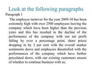 Look at the following paragraphs
Paragraph 1
The employee turnover for the year 2009-10 has been
extremely high with over 2500 employees leaving the
company which have been higher than the previous
years and this has resulted in the decline of the
performance of the company with our net profit
falling by over a percentage point, share prices
dropping in by 3 per cent with the overall market
sentiments down and employees dissatisfied with the
performances of the company which have further
percolated down, with our existing customers unsure
of whether to continue business with us.
 