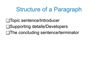 Structure of a Paragraph
❑Topic sentence/Introducer
❑Supporting details/Developers
❑The concluding sentence/terminator
 