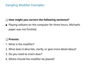 Dangling Modifier Examples
❑ How might you correct the following sentence?
▪ Playing solitaire on the computer for three hours, Michael’s
paper was not finished.
❑ Process:
1. What is the modifier?
2. What does it describe, clarify, or give more detail about?
3. Do you need to insert doer?
4. Where should the modifier be placed?
 