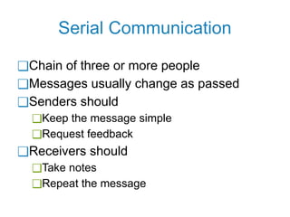 Serial Communication
❑Chain of three or more people
❑Messages usually change as passed
❑Senders should
❑Keep the message simple
❑Request feedback
❑Receivers should
❑Take notes
❑Repeat the message
 