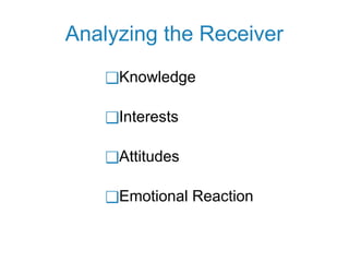 Analyzing the Receiver
❑Knowledge
❑Interests
❑Attitudes
❑Emotional Reaction
 