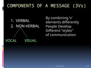 COMPONENTS OF A MESSAGE (3Vs)
1. VERBAL
2. NON-VERBAL
VOCAL VISUAL
By combining ‘v’
elements differently
People Develop
Different “styles”
of communication
370
Anil Sehrawat
 