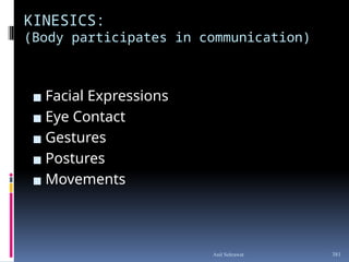 KINESICS:
(Body participates in communication)
▪ Facial Expressions
▪ Eye Contact
▪ Gestures
▪ Postures
▪ Movements
381
Anil Sehrawat
 