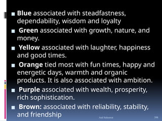 ▪ Blue associated with steadfastness,
dependability, wisdom and loyalty
▪ Green associated with growth, nature, and
money.
▪ Yellow associated with laughter, happiness
and good times.
▪ Orange tied most with fun times, happy and
energetic days, warmth and organic
products. It is also associated with ambition.
▪ Purple associated with wealth, prosperity,
rich sophistication.
▪ Brown: associated with reliability, stability,
and friendship Anil Sehrawat 398
 
