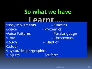 So what we have
Learnt……
•Body Movements - Kinesics
•Space - Proxemics
•Voice Patterns - Paralanguage
•Time - Chronemics
•Touch - Haptics
•Colour
•Layout/design/graphics
•Objects - Artifacts
401
Anil Sehrawat
 