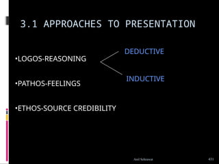 3.1 APPROACHES TO PRESENTATION
•LOGOS-REASONING
•PATHOS-FEELINGS
•ETHOS-SOURCE CREDIBILITY
DEDUCTIVE
INDUCTIVE
431
Anil Sehrawat
 